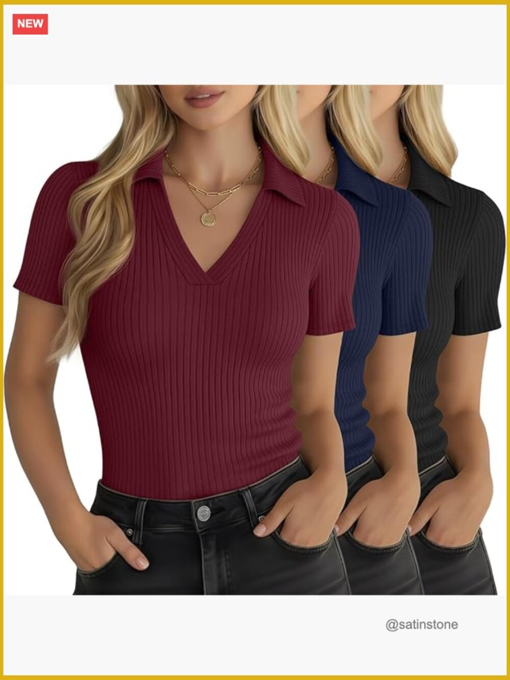 3 Pack Cotton Ribbed Short Sleeve V Neck Collared T Shirts